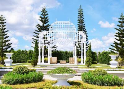 Beautifully landscaped garden with seating area and gazebo