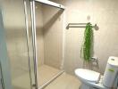 Photograph of a bathroom with a shower enclosure, toilet, and green plant décor