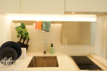 Modern kitchen with sink, stove, and dish rack