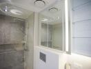 Modern bathroom with glass shower and mirrored cabinets