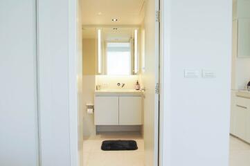 Modern white bathroom with mirror and vanity