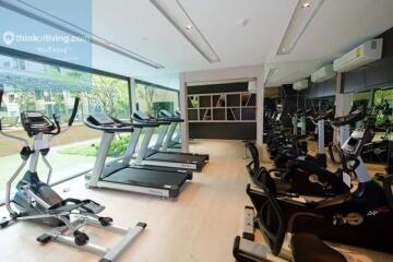 Well-equipped gym with modern exercise machines and large windows