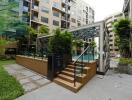 Courtyard view with modern landscaping and pool area