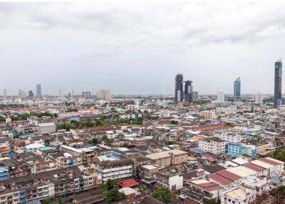 Aerial view of the city with numerous buildings and skyscrapers