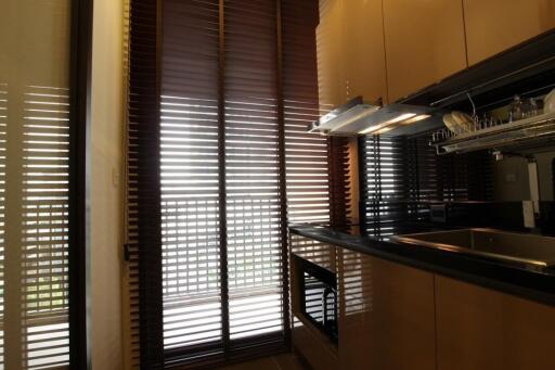 Modern kitchen with brown cabinets and large blinds