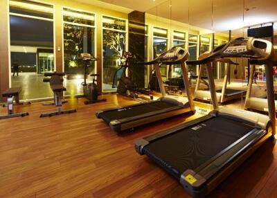 Modern gym with large windows and various fitness equipment