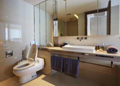 Modern bathroom with toilet and large mirror