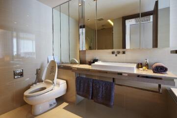 Modern bathroom with toilet and large mirror