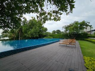 Outdoor swimming pool with wooden deck and lounge chairs