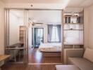 Well-lit bedroom with sliding glass doors and built-in shelves