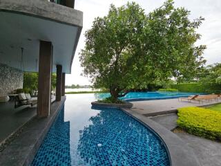 Outdoor area with swimming pool and lounge chairs