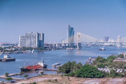 View of a river with ships and a bridge in an urban setting