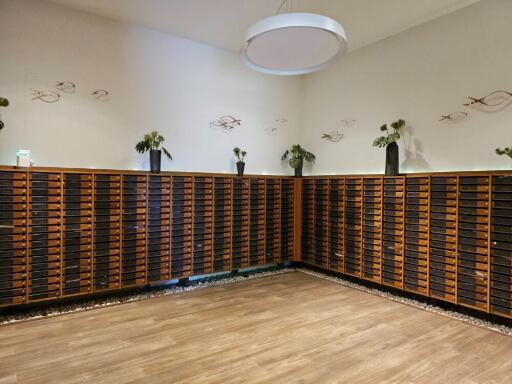 Mail room with wooden mailboxes and decorative plants