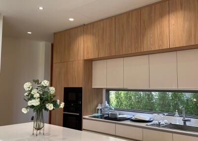 Modern kitchen with wooden cabinets and white countertop