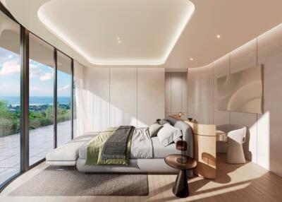 Modern bedroom with large windows and ocean view