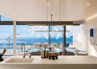 Modern kitchen and dining area with ocean view