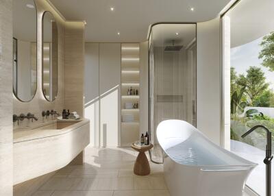 Modern bathroom with a freestanding tub and a glass-enclosed shower