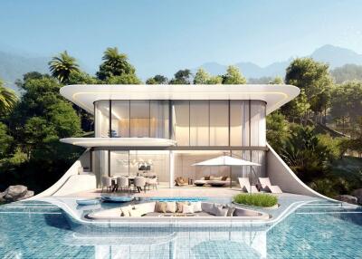 Modern luxury villa with a large swimming pool and outdoor seating area