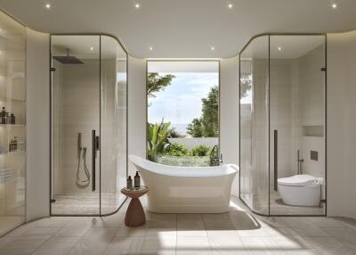 Modern bathroom with a freestanding tub and glass-enclosed shower