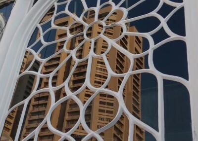 Ornate window with a reflection of a tall building