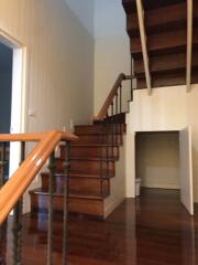 Open staircase with wooden steps and a small storage room underneath