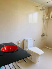 Modern bathroom with red sink and shower