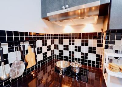 Modern kitchen with black and white tiled backsplash