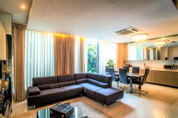 Spacious and modern living-dining room with natural light