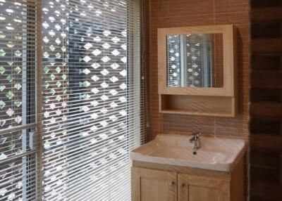 Modern bathroom with sink and mirror, natural light from large window with blinds