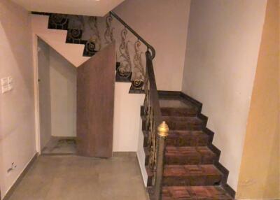 View of an ornate staircase with a wooden door beneath it