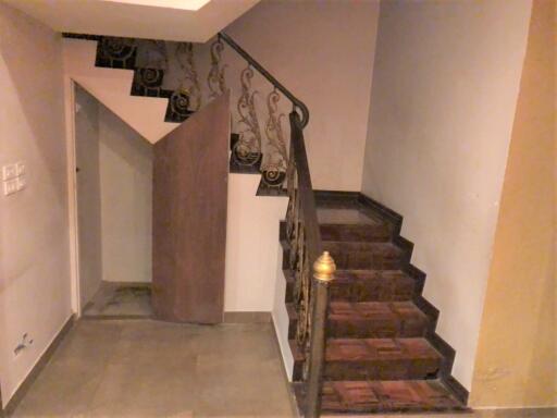 View of an ornate staircase with a wooden door beneath it