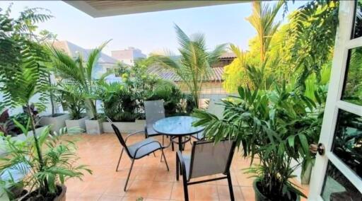 Outdoor patio with chairs, table, and lush greenery