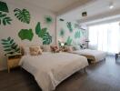 Spacious bedroom with two beds and botanical wall art