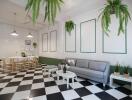 Modern living area with black and white checkered floor