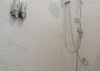 Modern shower area with wall-mounted dispensers