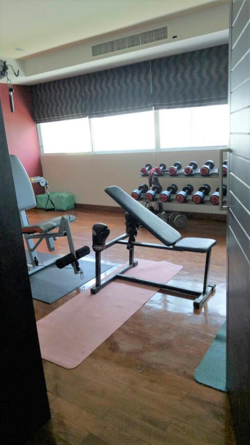 Home gym with exercise equipment and weights