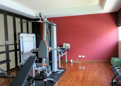 Home gym with exercise equipment and hardwood flooring