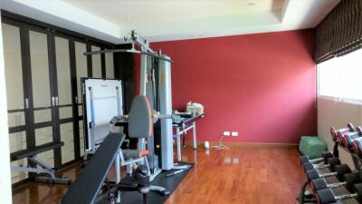 Home gym with exercise equipment and hardwood flooring