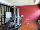 Home gym with exercise equipment and hardwood flooring