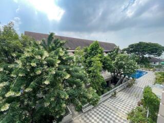 Outdoor view with surrounding greenery and pool