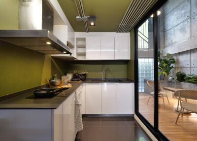 Modern kitchen with green walls, white cabinetry, and outdoor view