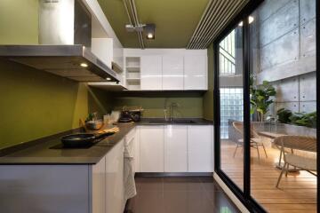 Modern kitchen with green walls, white cabinetry, and outdoor view