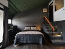 Modern bedroom with dark decor and loft area