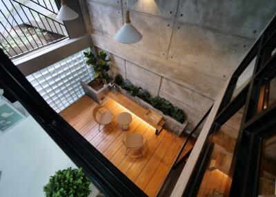 Modern common area with wooden flooring and indoor plants