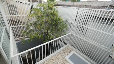 Outdoor area with white railing and green tree