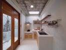 Modern kitchen with wooden accents and large glass doors