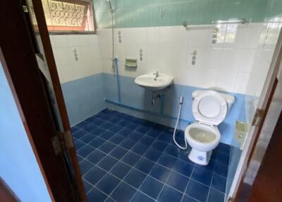 Clean blue and white tiled bathroom