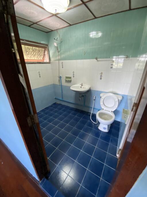 Clean blue and white tiled bathroom