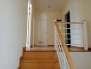 Staircase and hallway leading to upper floor doors