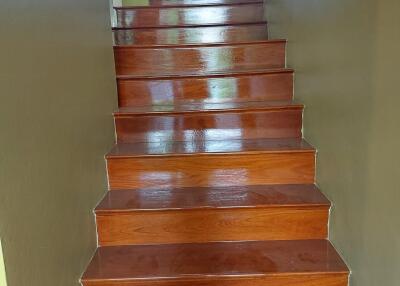 Polished wooden staircase with brown steps